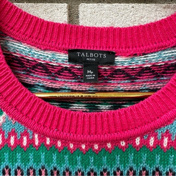 Talbots Petite Fair Isle Sweater Dress Navy Pink Green Knit Holiday Apres Ski MP - Picture 4 of 8
